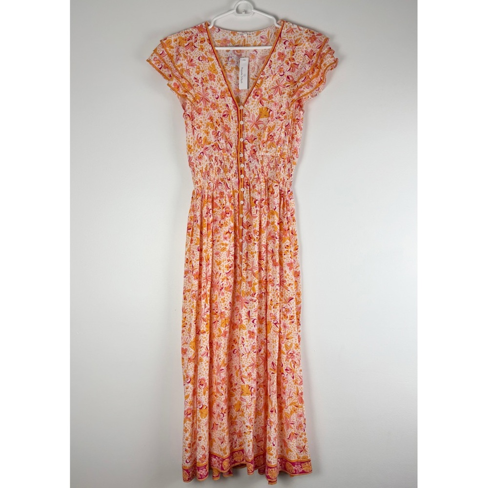 Poupette St Barths Orange Floral Midi Dress Size S NWT Ruffle Sleeve